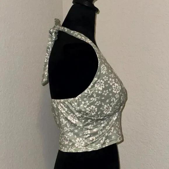 Shein Halter Top Women Medium Green Ditsy Floral Cropped Tank Preppy Coquette - Picture 2 of 7